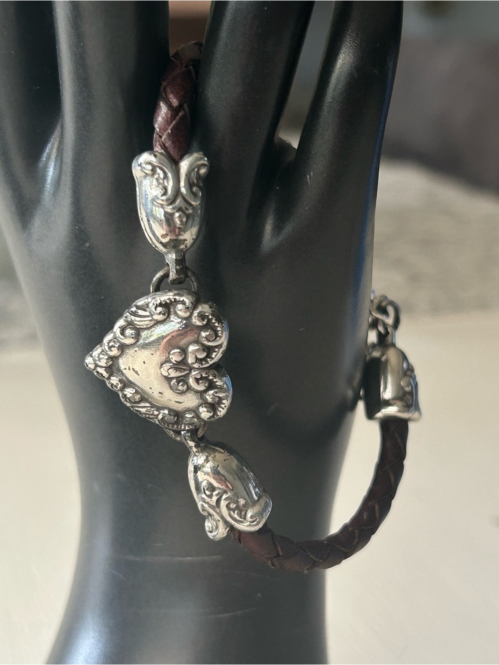 Brighton Cupid’s Bandit, braided brown leather bracelet w/silver plated heart